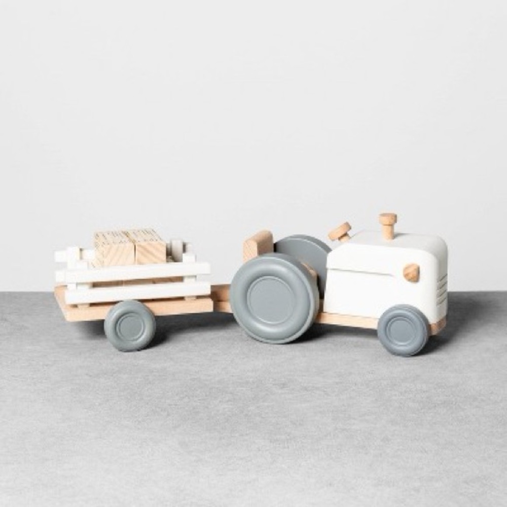 ISO: Hearth & Hand White and Gray Wooden Tractor with Trailer